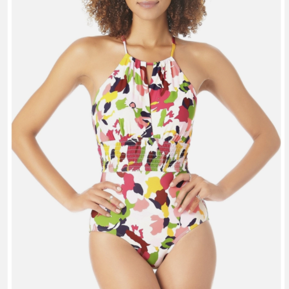 nwt ANNE COLE smocked floral one piece swimsuit 12